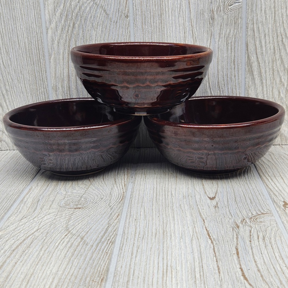 Mar-Crest Brown Daisy Dot Drip Glaze Stoneware Cereal Bowls Set of 3 Ceramic